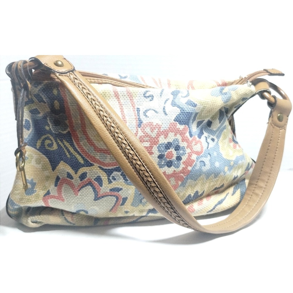 Fossil Genuine Classic 1954 Paisley Canvas Shoulder Bag Tan Leather Trim Boho